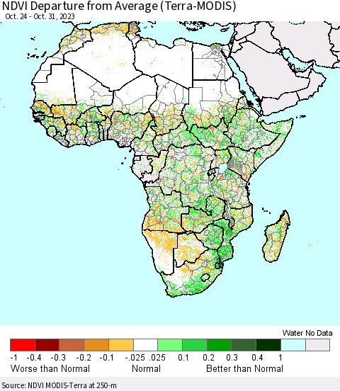 Africa NDVI Departure from Average (Terra-MODIS) Thematic Map For 10/24/2023 - 10/31/2023