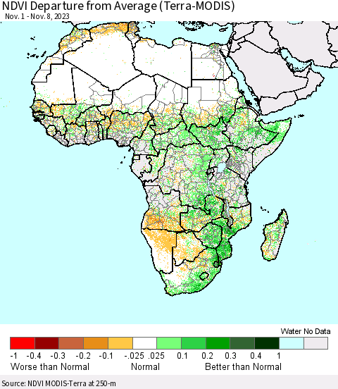 Africa NDVI Departure from Average (Terra-MODIS) Thematic Map For 11/1/2023 - 11/8/2023