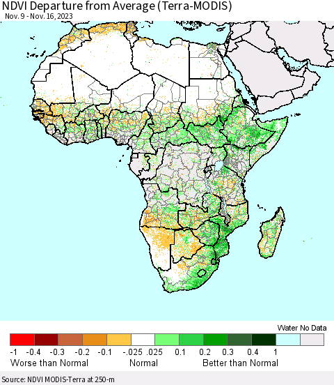 Africa NDVI Departure from Average (Terra-MODIS) Thematic Map For 11/9/2023 - 11/16/2023