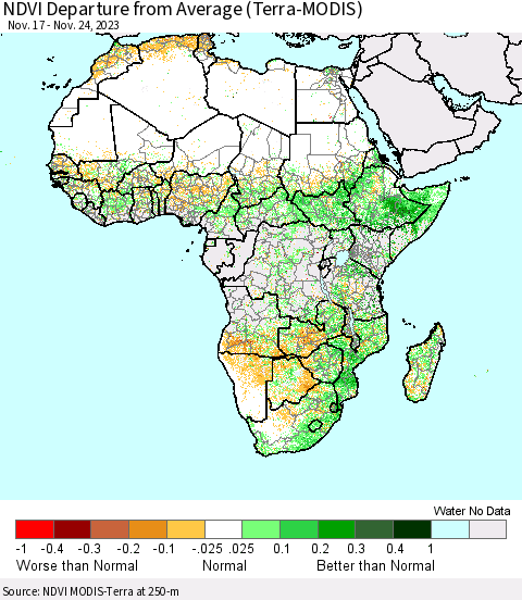Africa NDVI Departure from Average (Terra-MODIS) Thematic Map For 11/17/2023 - 11/24/2023