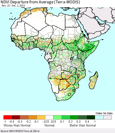 Africa NDVI Departure from Average (Terra-MODIS) Thematic Map For 11/25/2023 - 12/2/2023