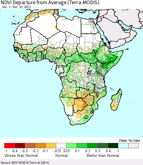 Africa NDVI Departure from Average (Terra-MODIS) Thematic Map For 12/3/2023 - 12/10/2023