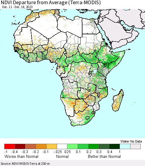 Africa NDVI Departure from Average (Terra-MODIS) Thematic Map For 12/11/2023 - 12/18/2023