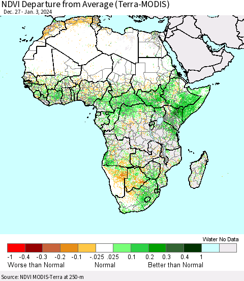 Africa NDVI Departure from Average (Terra-MODIS) Thematic Map For 12/27/2023 - 1/3/2024
