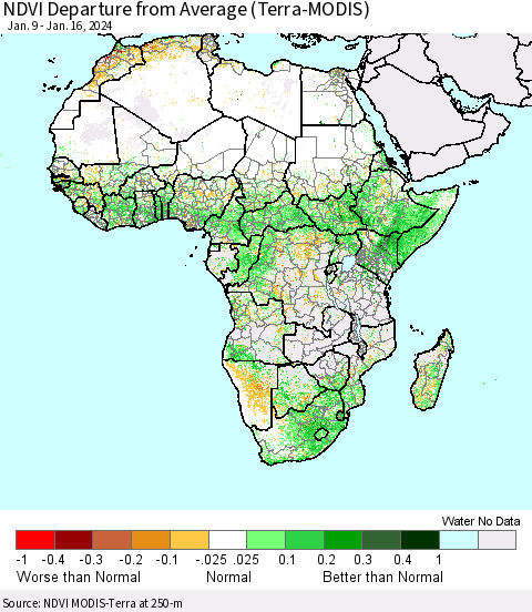 Africa NDVI Departure from Average (Terra-MODIS) Thematic Map For 1/9/2024 - 1/16/2024