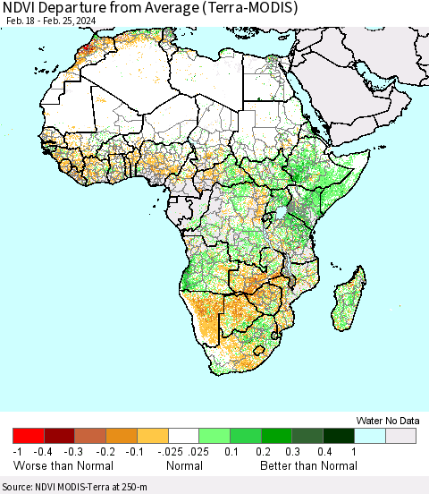 Africa NDVI Departure from Average (Terra-MODIS) Thematic Map For 2/18/2024 - 2/25/2024