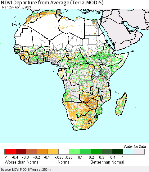 Africa NDVI Departure from Average (Terra-MODIS) Thematic Map For 3/29/2024 - 4/5/2024