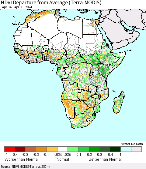 Africa NDVI Departure from Average (Terra-MODIS) Thematic Map For 4/14/2024 - 4/21/2024