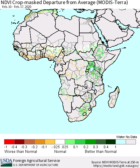 Africa Cropland NDVI Departure from Average (Terra-MODIS) Thematic Map For 2/11/2020 - 2/20/2020