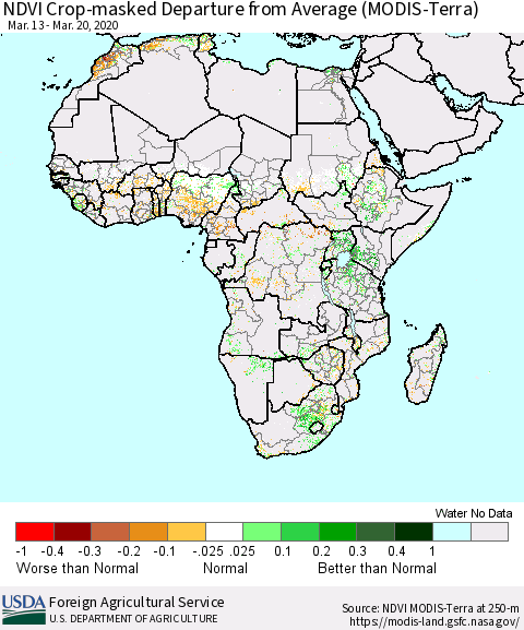 Africa Cropland NDVI Departure from Average (Terra-MODIS) Thematic Map For 3/11/2020 - 3/20/2020