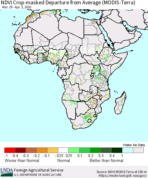 Africa Cropland NDVI Departure from Average (Terra-MODIS) Thematic Map For 4/1/2020 - 4/10/2020