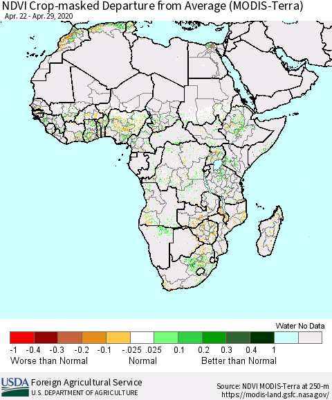 Africa Cropland NDVI Departure from Average (Terra-MODIS) Thematic Map For 4/21/2020 - 4/30/2020