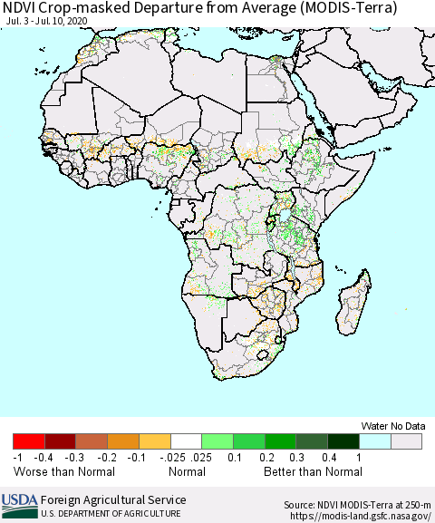 Africa Cropland NDVI Departure from Average (Terra-MODIS) Thematic Map For 7/1/2020 - 7/10/2020