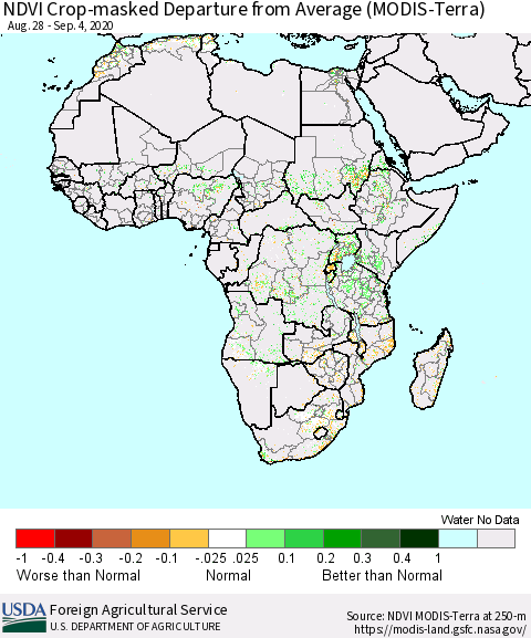 Africa Cropland NDVI Departure from Average (Terra-MODIS) Thematic Map For 9/1/2020 - 9/10/2020