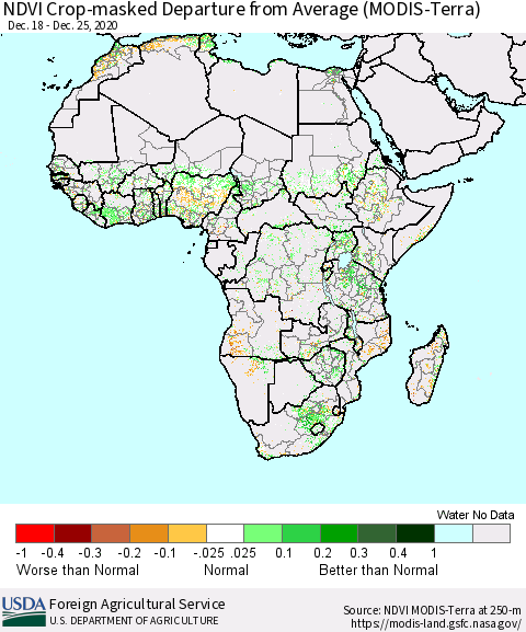 Africa Cropland NDVI Departure from Average (Terra-MODIS) Thematic Map For 12/21/2020 - 12/31/2020
