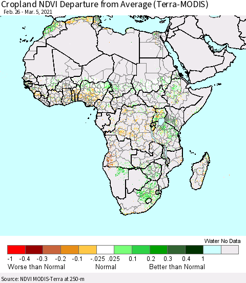 Africa Cropland NDVI Departure from Average (Terra-MODIS) Thematic Map For 2/26/2021 - 3/5/2021