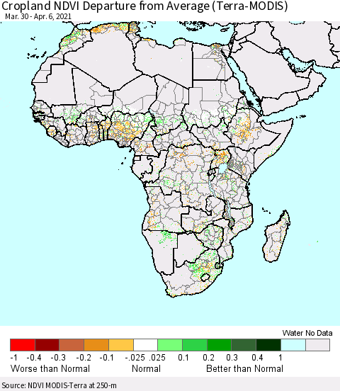 Africa Cropland NDVI Departure from Average (Terra-MODIS) Thematic Map For 3/30/2021 - 4/6/2021