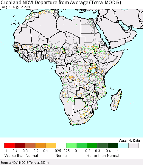 Africa Cropland NDVI Departure from Average (Terra-MODIS) Thematic Map For 8/5/2021 - 8/12/2021