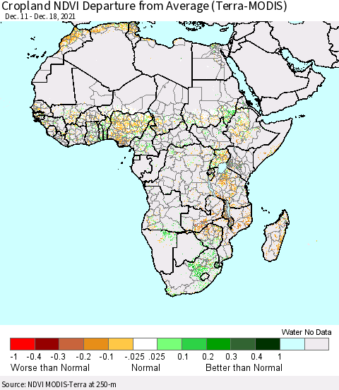 Africa Cropland NDVI Departure from Average (Terra-MODIS) Thematic Map For 12/11/2021 - 12/18/2021