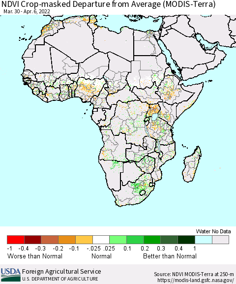 Africa Cropland NDVI Departure from Average (Terra-MODIS) Thematic Map For 4/1/2022 - 4/10/2022
