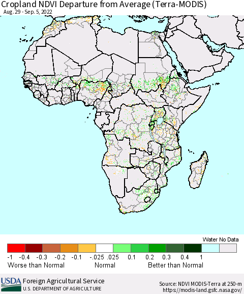 Africa Cropland NDVI Departure from Average (Terra-MODIS) Thematic Map For 9/1/2022 - 9/10/2022