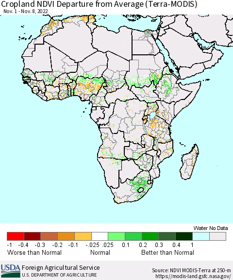 Africa Cropland NDVI Departure from Average (Terra-MODIS) Thematic Map For 11/1/2022 - 11/10/2022