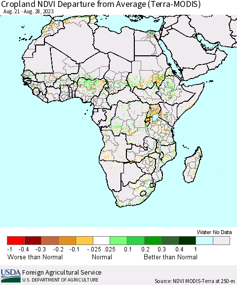 Africa Cropland NDVI Departure from Average (Terra-MODIS) Thematic Map For 8/21/2023 - 8/31/2023