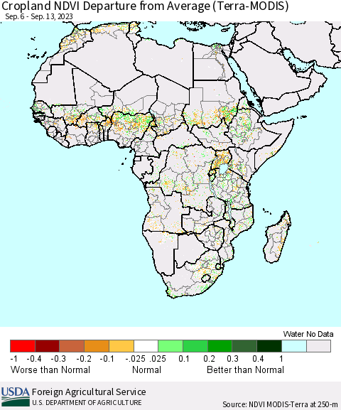 Africa Cropland NDVI Departure from Average (Terra-MODIS) Thematic Map For 9/11/2023 - 9/20/2023