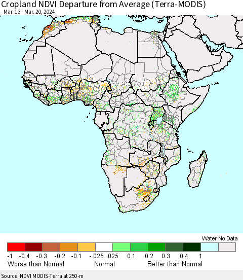 Africa Cropland NDVI Departure from Average (Terra-MODIS) Thematic Map For 3/13/2024 - 3/20/2024