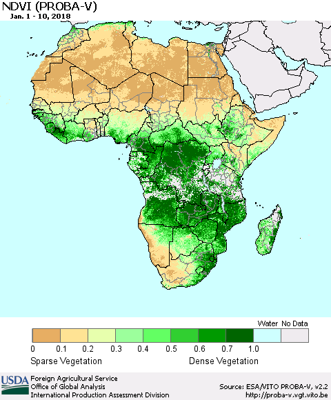 Africa NDVI (PROBA-V) Thematic Map For 1/1/2018 - 1/10/2018