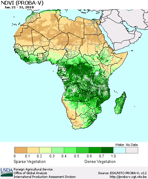 Africa NDVI (PROBA-V) Thematic Map For 1/21/2018 - 1/31/2018