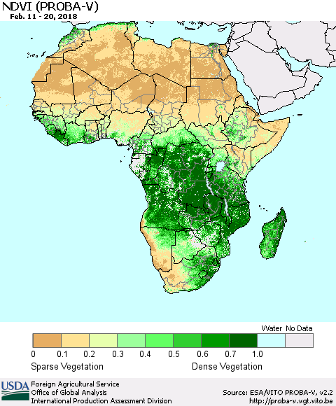 Africa NDVI (PROBA-V) Thematic Map For 2/11/2018 - 2/20/2018