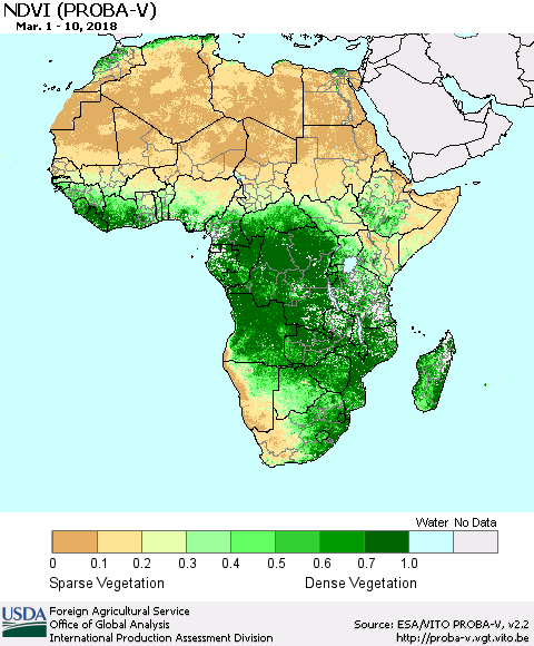 Africa NDVI (PROBA-V) Thematic Map For 3/1/2018 - 3/10/2018