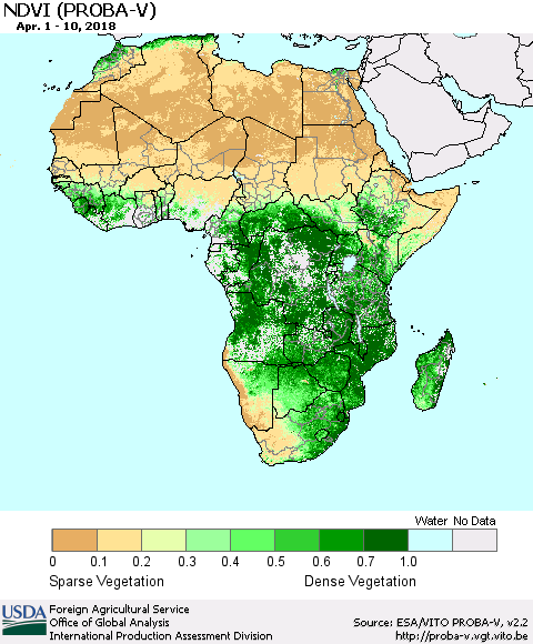 Africa NDVI (PROBA-V) Thematic Map For 4/1/2018 - 4/10/2018