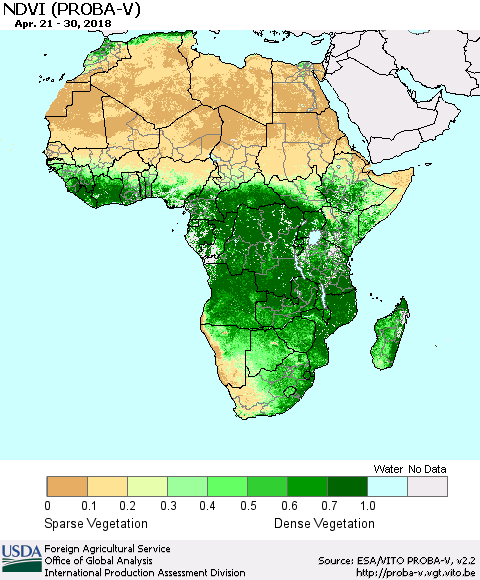 Africa NDVI (PROBA-V) Thematic Map For 4/21/2018 - 4/30/2018