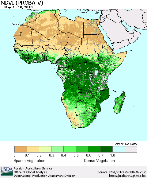 Africa NDVI (PROBA-V) Thematic Map For 5/1/2018 - 5/10/2018