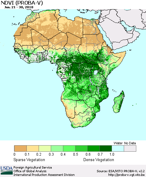 Africa NDVI (PROBA-V) Thematic Map For 6/21/2018 - 6/30/2018