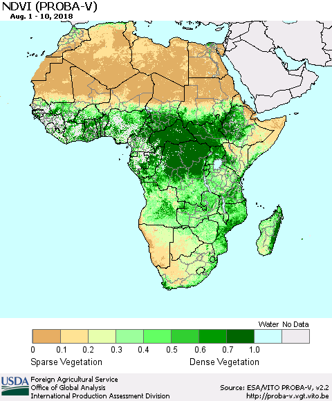 Africa NDVI (PROBA-V) Thematic Map For 8/1/2018 - 8/10/2018