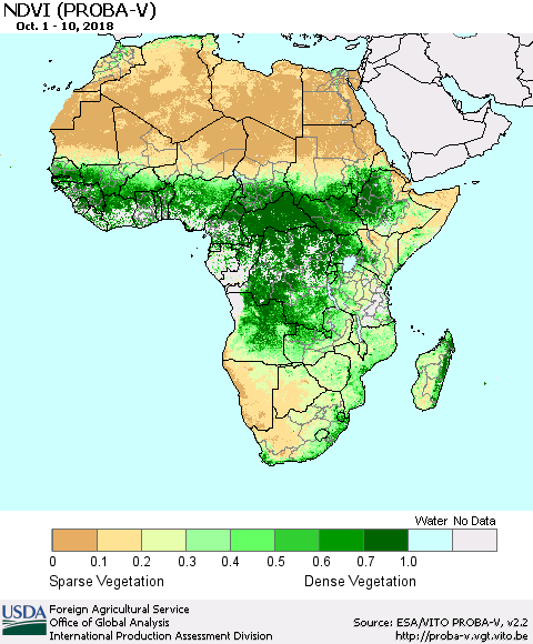 Africa NDVI (PROBA-V) Thematic Map For 10/1/2018 - 10/10/2018