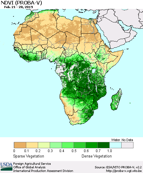Africa NDVI (PROBA-V) Thematic Map For 2/21/2019 - 2/28/2019