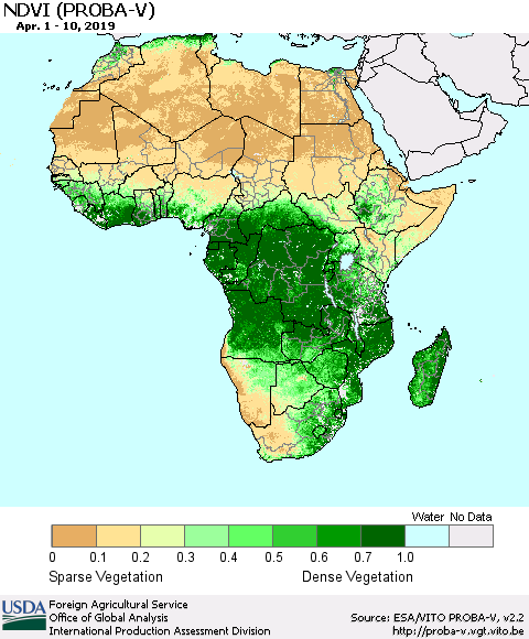 Africa NDVI (PROBA-V) Thematic Map For 4/1/2019 - 4/10/2019