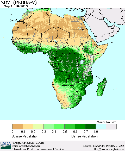 Africa NDVI (PROBA-V) Thematic Map For 5/1/2019 - 5/10/2019