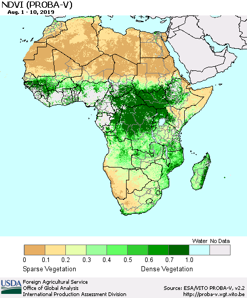 Africa NDVI (PROBA-V) Thematic Map For 8/1/2019 - 8/10/2019