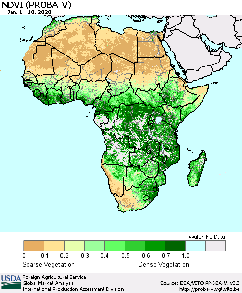 Africa NDVI (PROBA-V) Thematic Map For 1/1/2020 - 1/10/2020