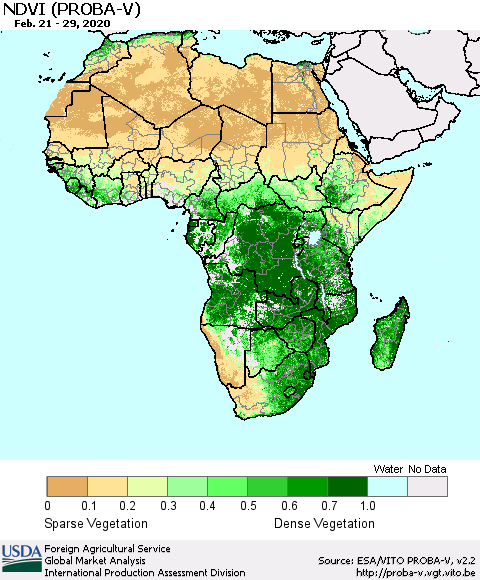 Africa NDVI (PROBA-V) Thematic Map For 2/21/2020 - 2/29/2020
