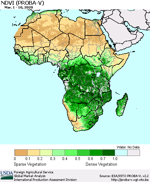 Africa NDVI (PROBA-V) Thematic Map For 3/1/2020 - 3/10/2020