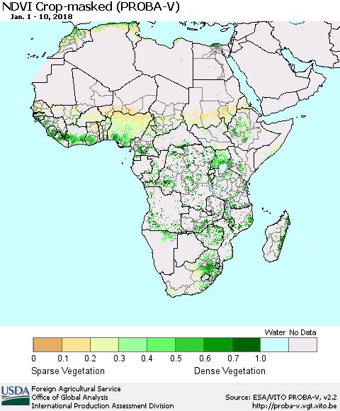 Africa NDVI Crop-masked (PROBA-V) Thematic Map For 1/1/2018 - 1/10/2018