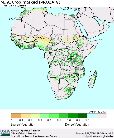 Africa NDVI Crop-masked (PROBA-V) Thematic Map For 1/21/2018 - 1/31/2018