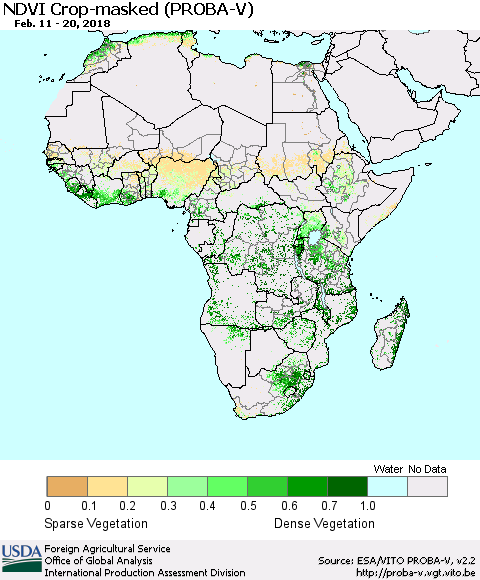 Africa NDVI Crop-masked (PROBA-V) Thematic Map For 2/11/2018 - 2/20/2018