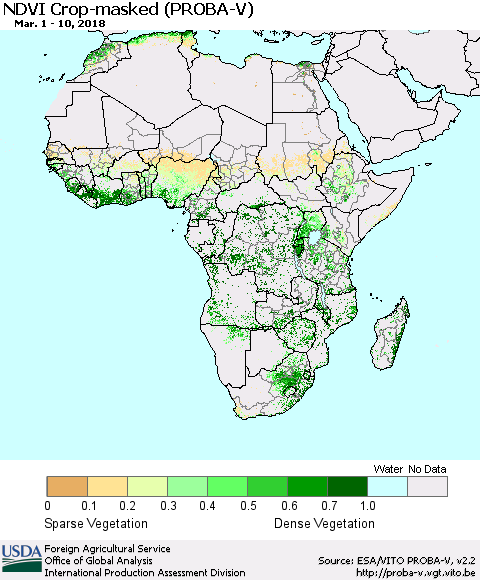 Africa NDVI Crop-masked (PROBA-V) Thematic Map For 3/1/2018 - 3/10/2018